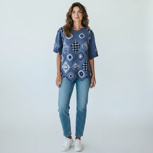 Capacity Petites Blue Patchwork Floral Knit Sweater Short Sleeve‎ PL NWT Vintage